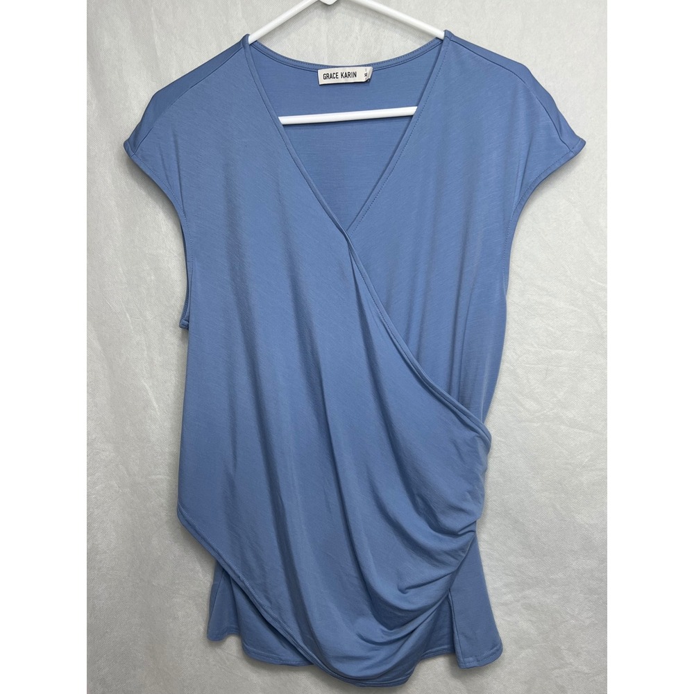 Grace Karin Blue Sleeveless Wrap Top V-Neck Ruched Blouse XL Viscose Blend